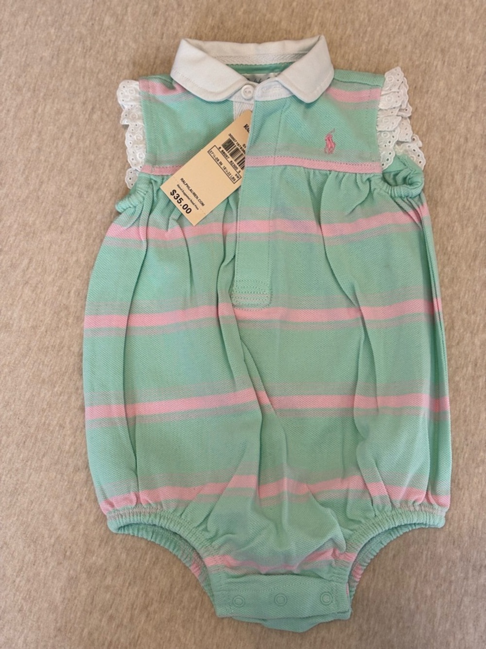 ✨ Ralph Lauren Mint & Pink Striped Baby Polo Romper✨